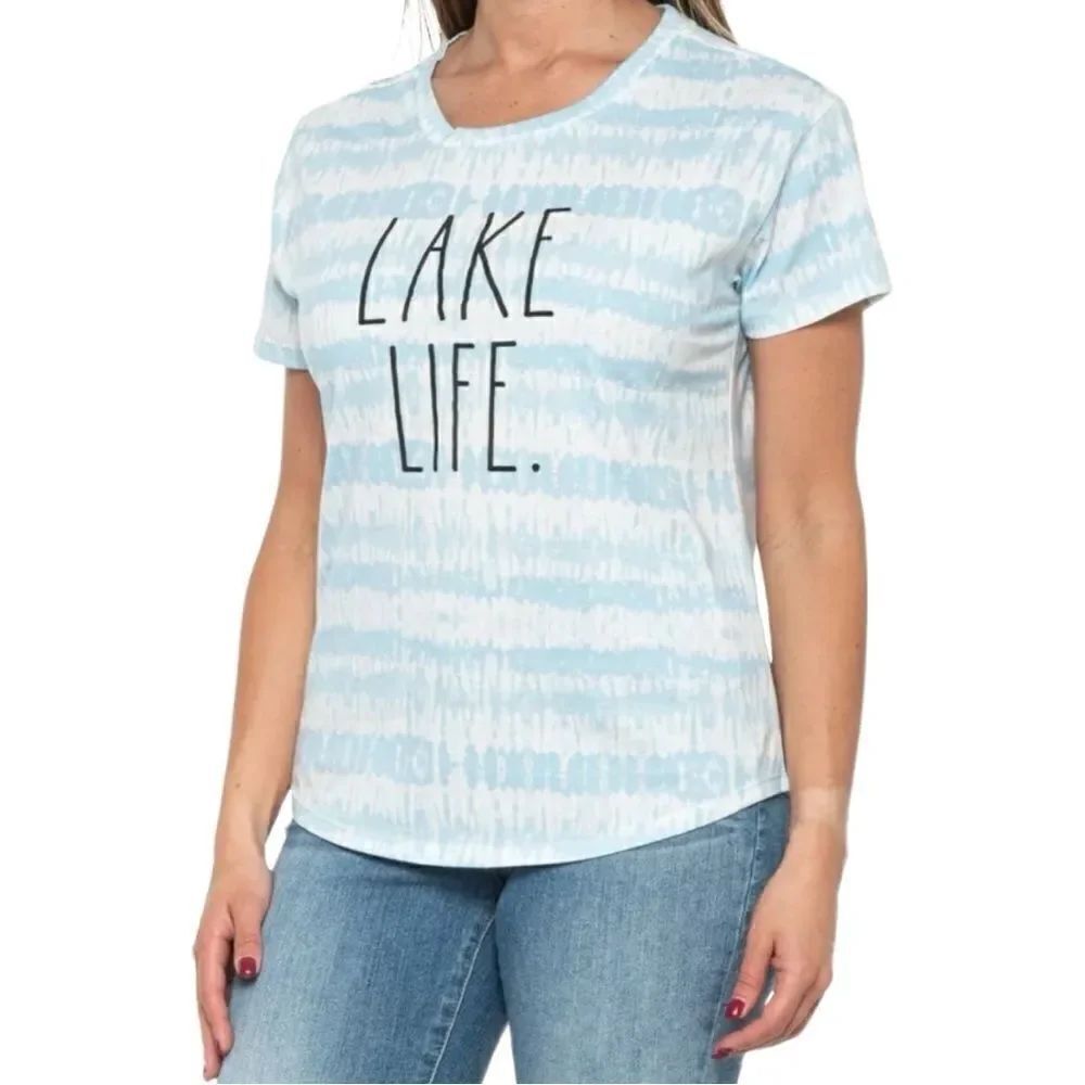 Rae Dunn Women's Lake Life Blue Stripe Tie-Dye Short Sleeve T Shirt Size M